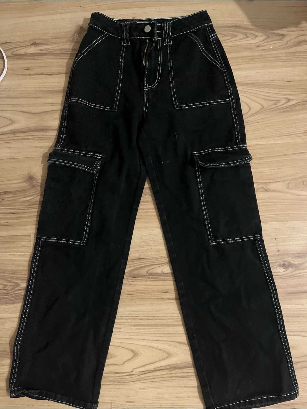 SHEIN Black Cargo Jeans with Contrast White Stitching